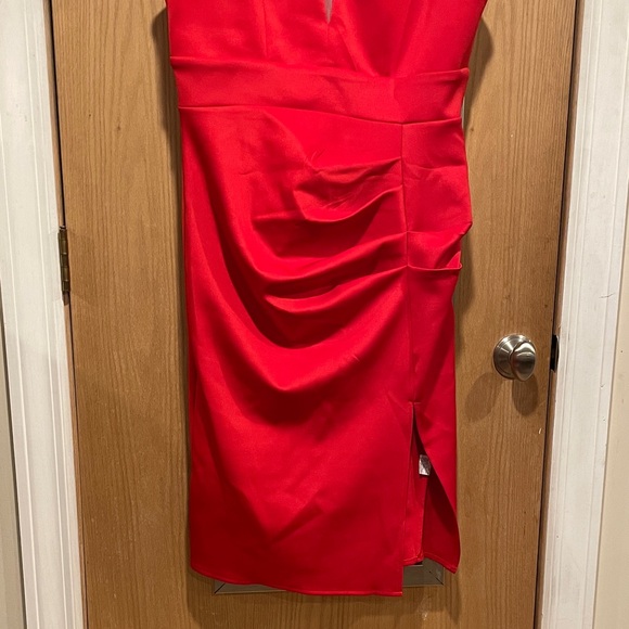 Vibrant Red Bowknot Ruched Asymmetrical Dress Size XL - Picture 4 of 7